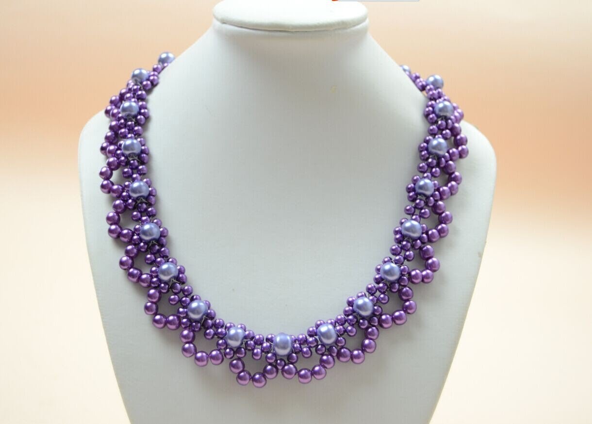 necklace beads pandahall jewelry making tutorial video--how to bead a purple pearl lace HPMGDOU