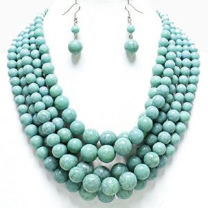 necklace beads statement layered strands turquoise stone-simulated pearl beads necklace  earrings set gift HHOIWYV