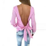 novelty striped blouses women sexy bowknot backless shirts long sleeve o  neck blouse OHGEEYO