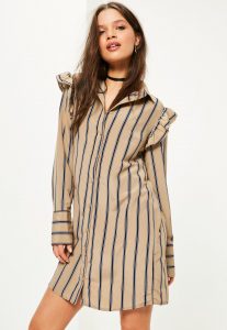 nude stripe print frill shoulder shirt dress ASUAIWI