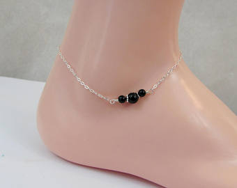 onyx gemstone anklet, black onyx jewelry, sterling silver, gemstone anklet,  black QXQCLBB