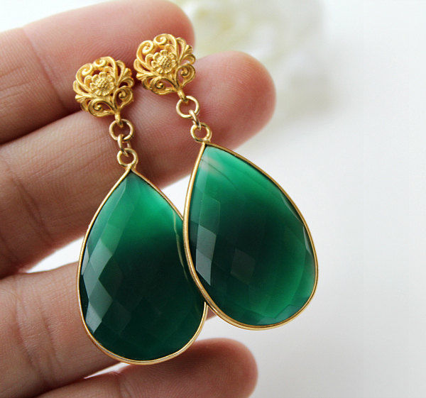 onyx jewelry fancy green onyx teardrop earrings, large, emerald green , gold vermeil, CAFXYUI