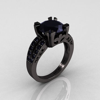 onyx ring modern vintage 14k black gold 3.0 black onyx black diamond solitaire ring OYSCDLG