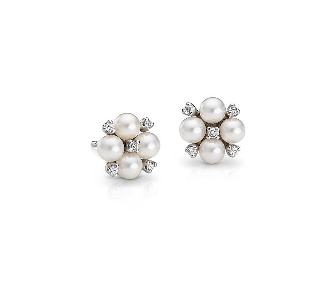 pearl and diamond earrings akoya cultured pearl and diamond cluster earrings in 18k white gold (4mm) ZFBLMOO