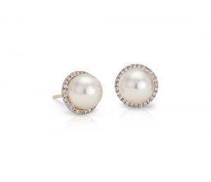 pearl and diamond earrings akoya cultured pearl and diamond halo stud earrings in 14k yellow gold CSBKDAP