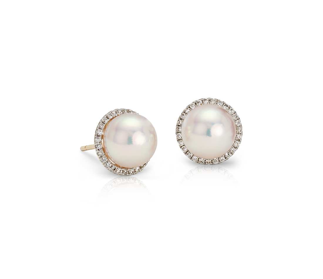 pearl and diamond earrings akoya cultured pearl and diamond halo stud earrings in 14k yellow gold CSBKDAP
