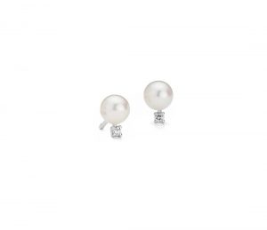 pearl and diamond earrings freshwater cultured pearl and diamond stud earrings in 14k white gold BXBCXPJ