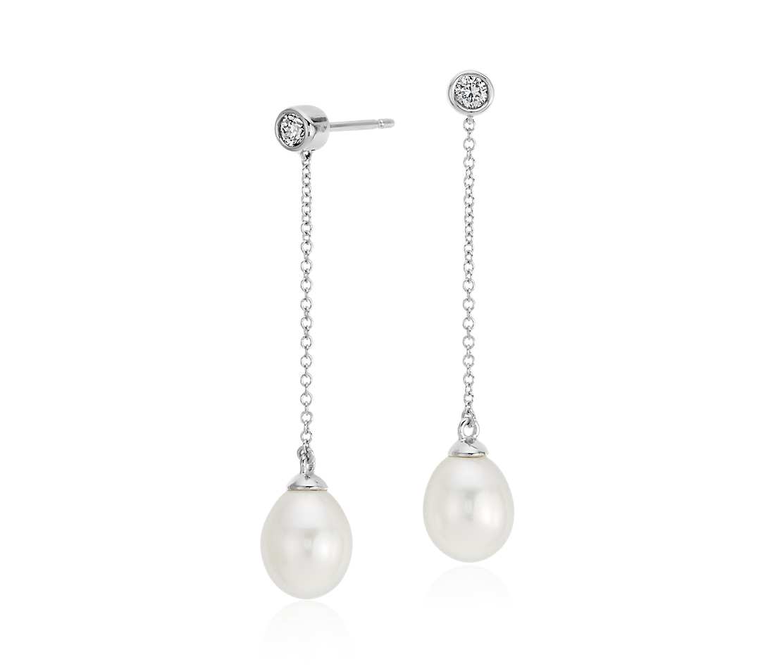pearl drop earrings freshwater cultured pearl and diamond drop earrings in 14k white gold TDKSEGY