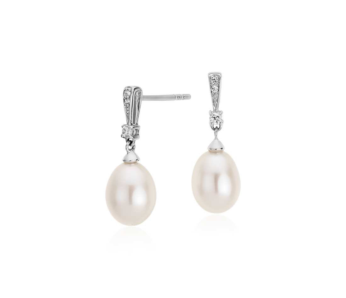 pearl drop earrings freshwater cultured pearl and white topaz drop earrings in sterling silver LCIVGMQ