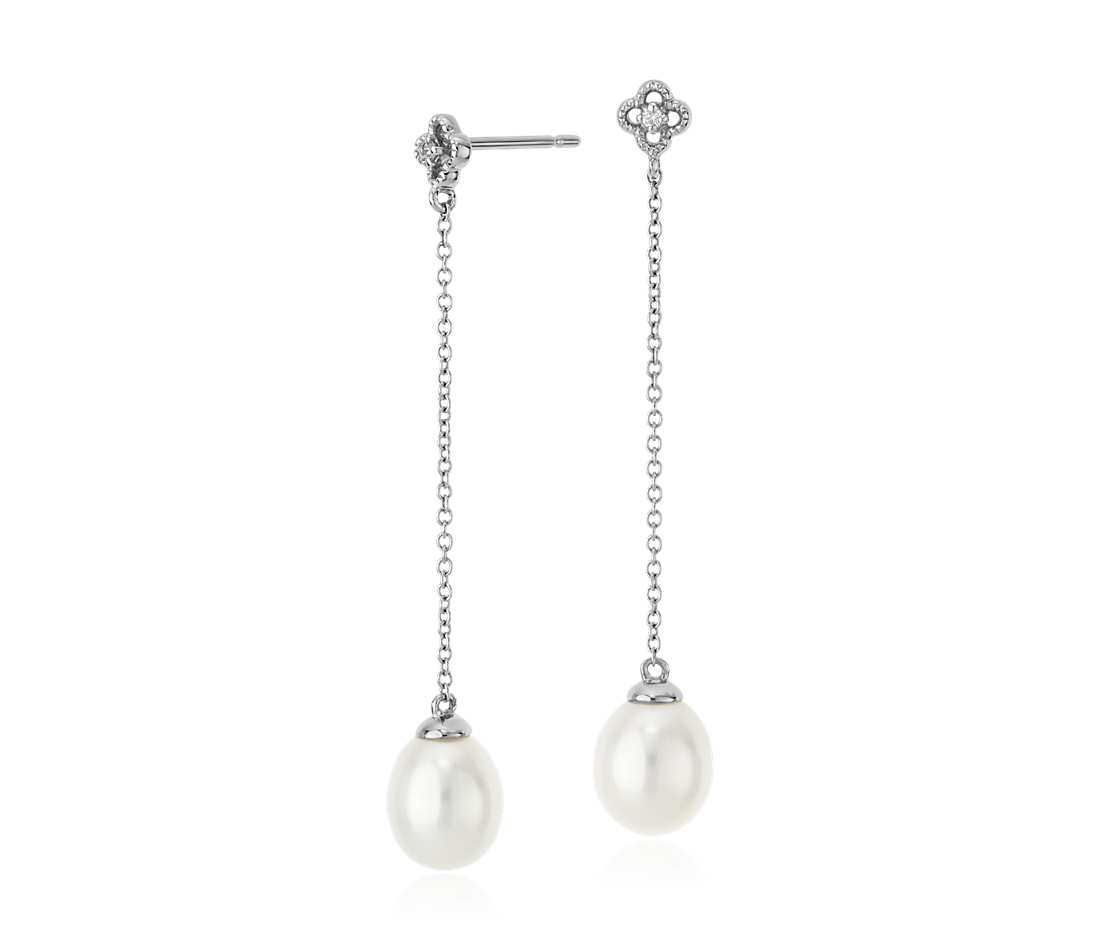 pearl drop earrings freshwater cultured pearl drop earring with diamond in 14k white gold TDTHFMV