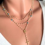 pearl rosary necklace turquoise gemstone layer freshwater pearls gold  crucifix cross YFZTKCD