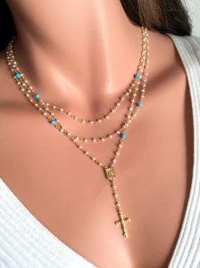 pearl rosary necklace turquoise gemstone layer freshwater pearls gold  crucifix cross YFZTKCD