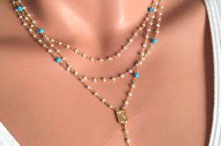pearl rosary necklace turquoise gemstone layer freshwater pearls gold  crucifix cross YFZTKCD