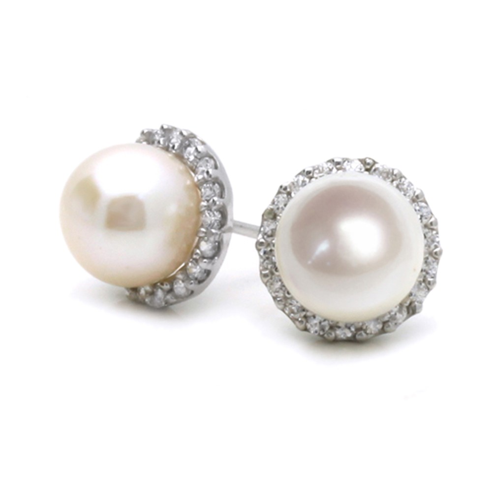 pearl stud earrings 14k white gold round fresh water pearl 8mm cubic zirconia halo set HCIJATF