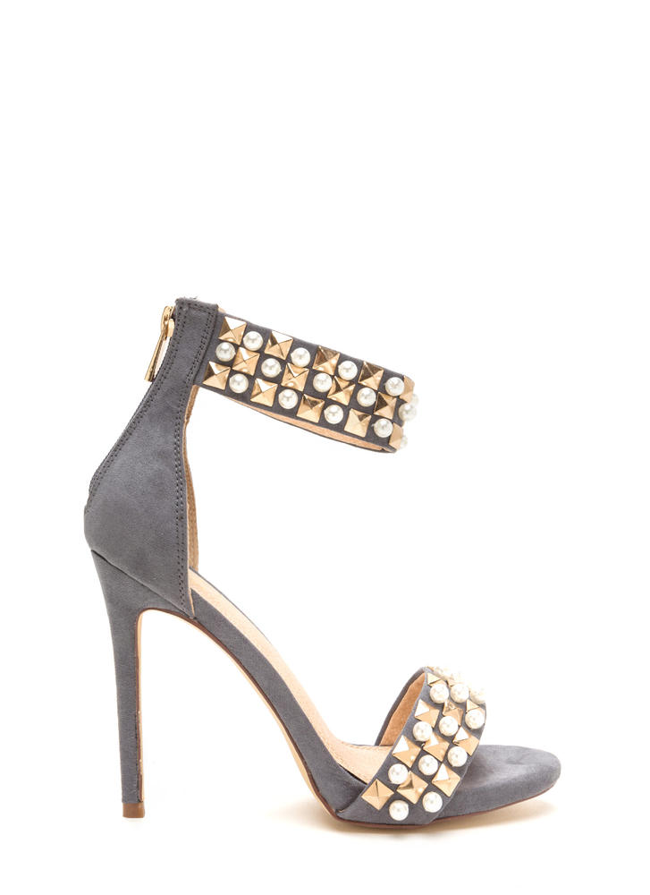 pearls and pyramids ankle strap heels grey ... NCSSFXP