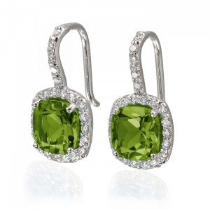 peridot earrings 8x8mm peridot cushion cut halo french wire gemstone and .46ctw diamond UAEFLBN