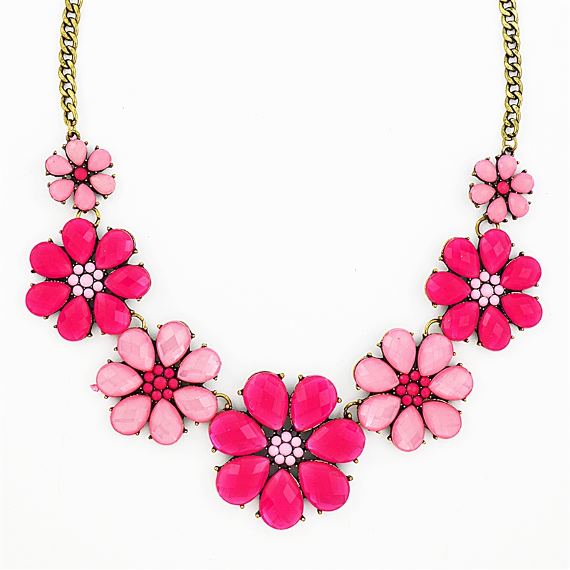 pink flower necklace, pink necklace, bib necklace, hot pink necklace,  crystal KYMOCBY