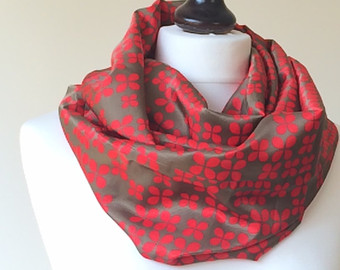 red loop scarf, christmas scarf, satin circle scarf, boho printed scarf,  infinity BMHPKWH