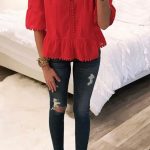 red top bright top and distressed jeans / casual spring look POOTVKP