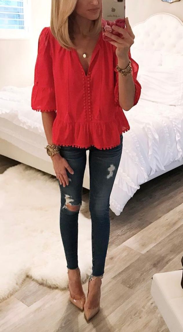red top bright top and distressed jeans / casual spring look POOTVKP