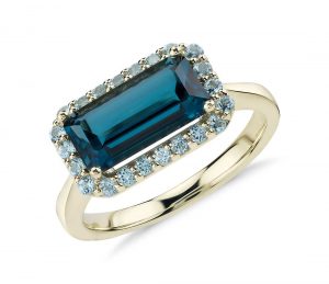 robert leser east-west london blue topaz halo ring in 14k yellow gold NCXGDWL