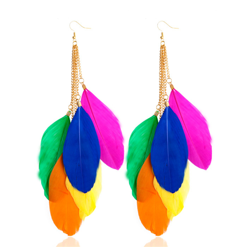 rongqing 2016 fashion bohemian feather earrings colorful feather drop beach  earrings XTWGFHB