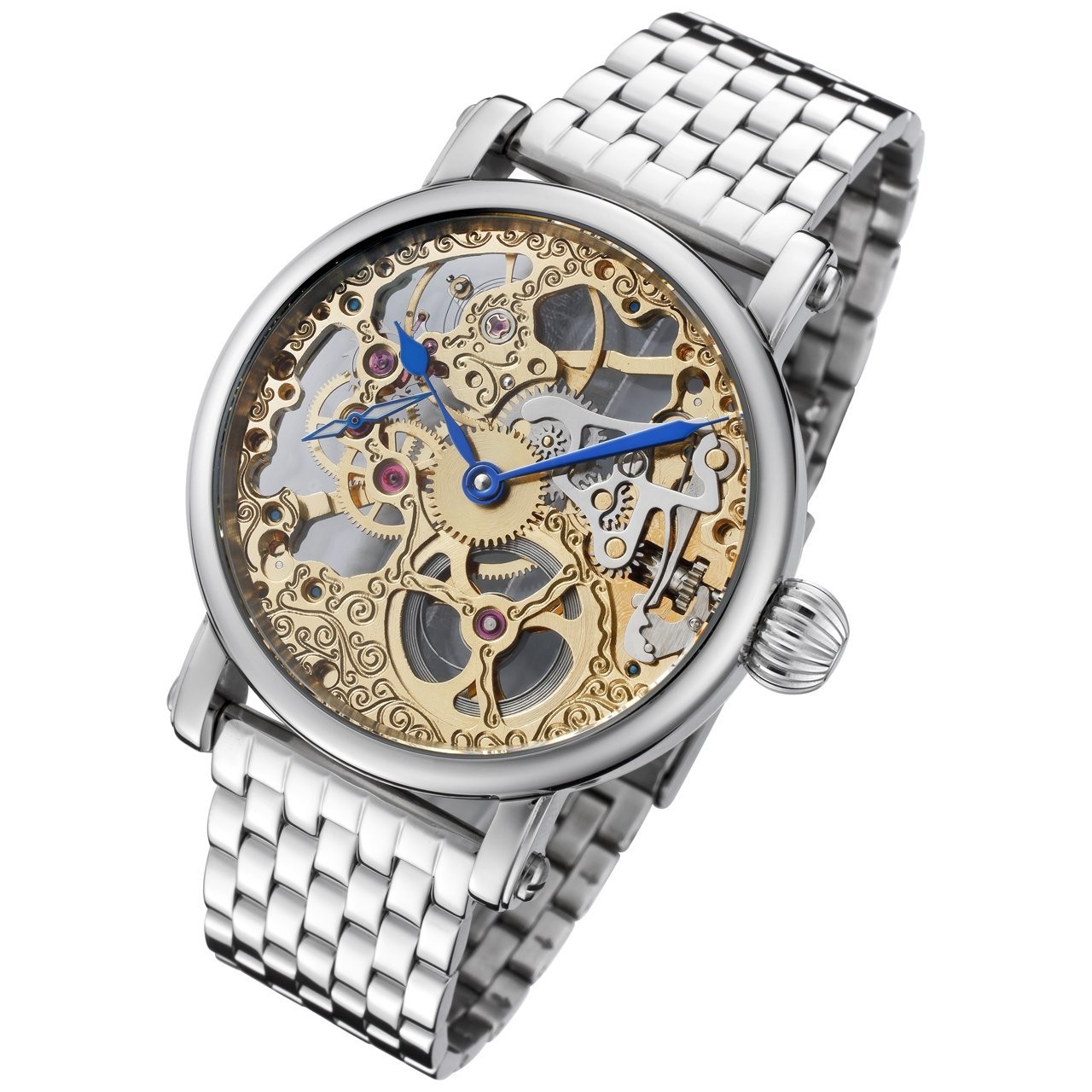 rougois mechanique two tone skeleton watch polished stainless steel band ROSBJPD