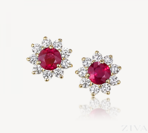 round ruby earrings with diamond halos RCBGMCI