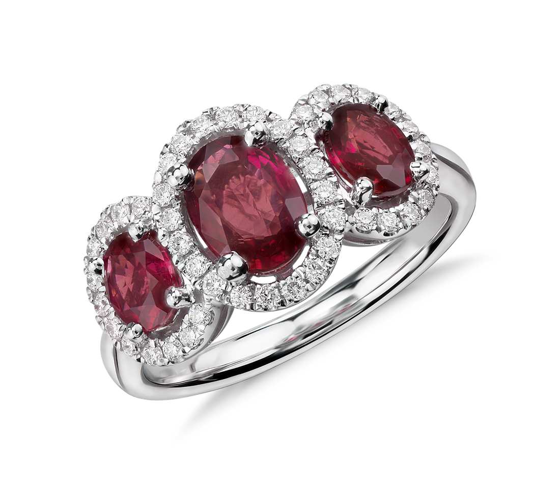 ruby jewelry 3-stone oval ruby and diamond halo ring in 18k white gold (7x5mm) FUEEWRW
