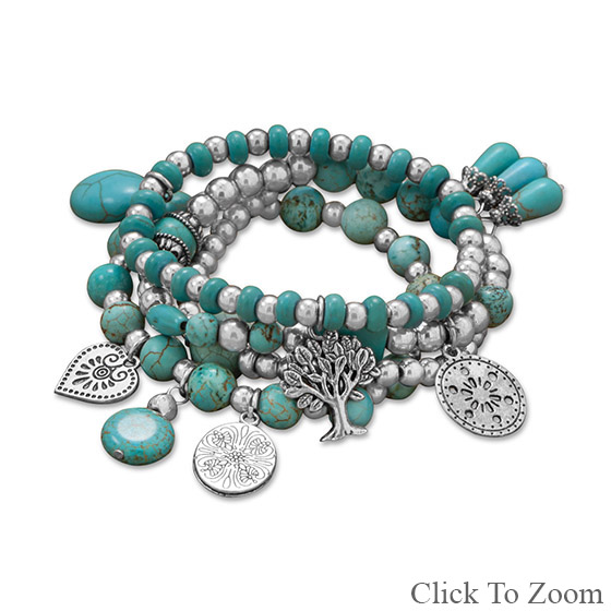 set of 4 silver tone multicharm fashion stretch bracelets | hubket FJWUMXW