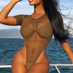 sexy swimsuit army green round neck sheer mesh sexy one piece swimsuit PYIHDBF