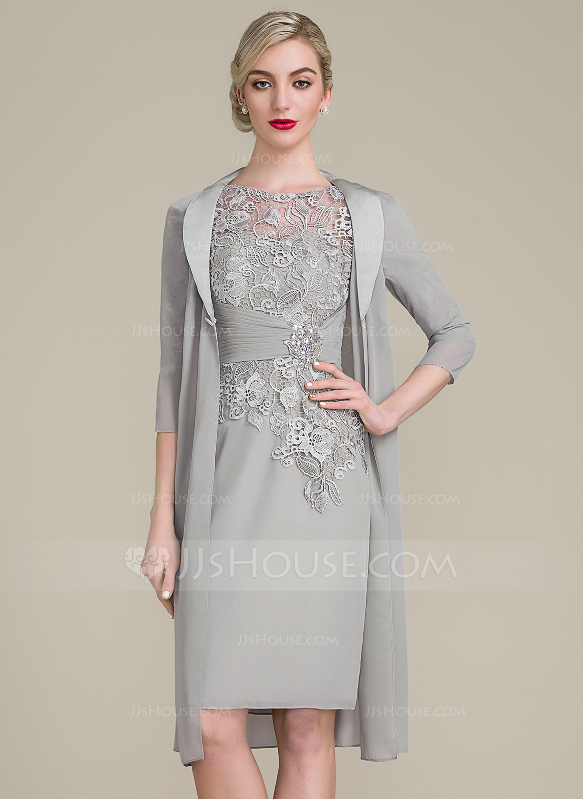 sheath/column scoop neck knee-length chiffon lace mother of the bride dress  with. loading RXEVMQJ