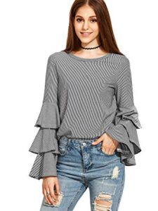 shein womenu0027s striped layered bell sleeve ruffle blouse - grey x-small CKTVWHV