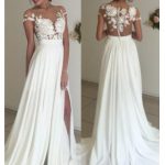 short sleeve a-line chiffon summer wedding dresses split lace applique  beach bridal gowns AXYDUTR