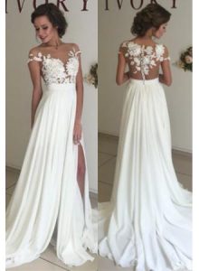 short sleeve a-line chiffon summer wedding dresses split lace applique  beach bridal gowns AXYDUTR