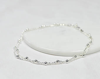 silver ankle bracelet double bead anklet, ankle bracelet, sterling silver anklet, beaded  jewellery, beach PAAZSNG