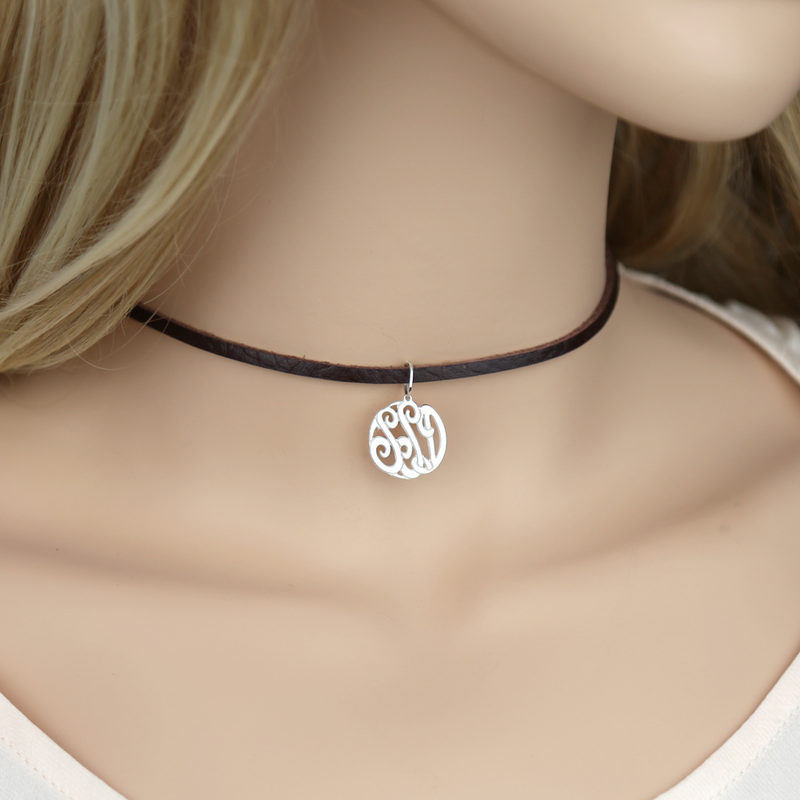 silver monogram leather choker necklace GLNMRHN