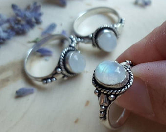 silver moonstone ring, moonstone jewelry, moonstone gift, rainbow moonstone  ring, silver AFUXTEH