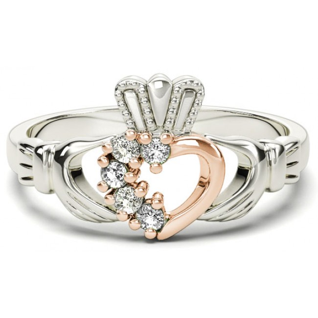 silver u0026 solid rose gold diamond claddagh ring - april birthstone LGDXACJ