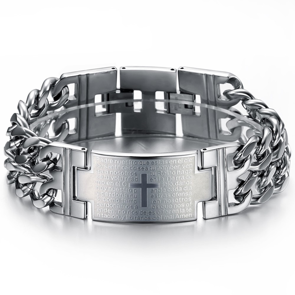 stainless steel bracelets menu0027s stainless steel bracelet with cross and biblical engraving BGCFYPZ