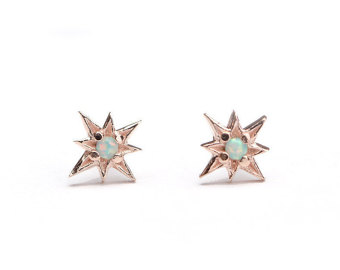 star earrings starburst opal stud earrings, sterling silver, gold plated, north star  earrings, XRYWNHZ