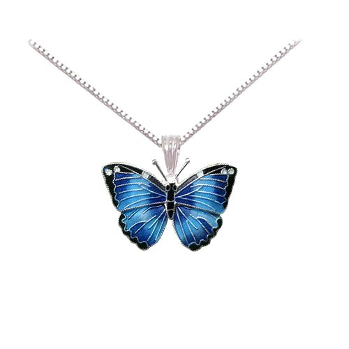 sterling silver cloisonne enamel blue morpho butterfly necklace PWOFFBG