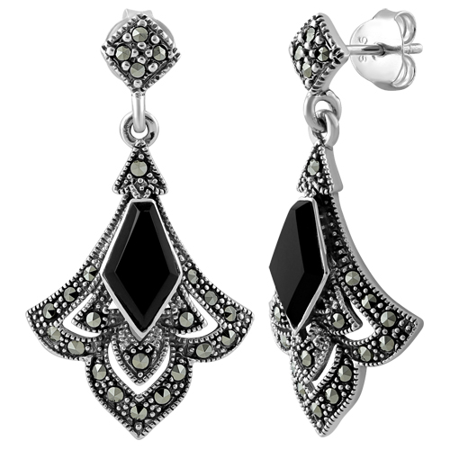 sterling silver elegant kite drop black onyx marcasite earrings OAACBAE