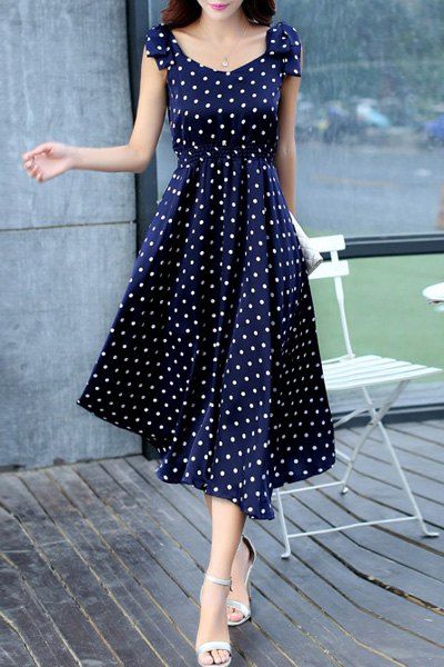 sweet sleeveless scoop neck bowknot design polka dot dress for women FANSECN