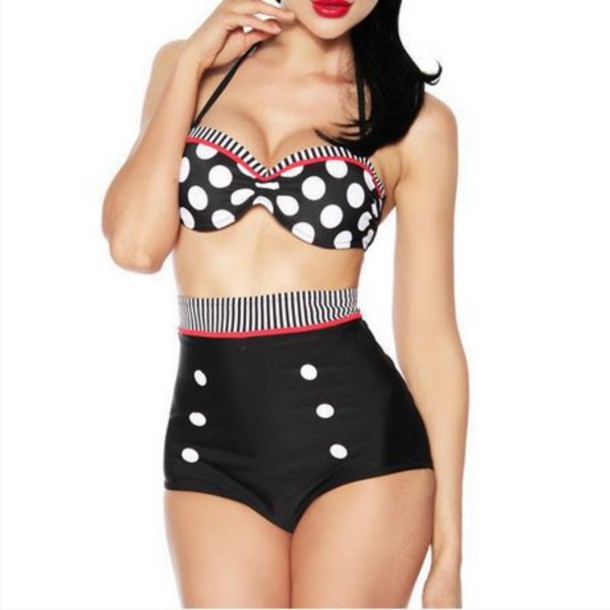 swimwear retro bikini high waisted bikini polka dots vintage 50s style  rockabilly black SZFZGQV