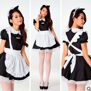 the new cafe waiter serving black and white maid outfit japanese kawaii  anime RPPYVJG