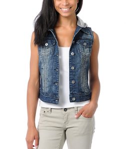 thread and supply dark blue hooded denim vest jacket ZKHJMOI