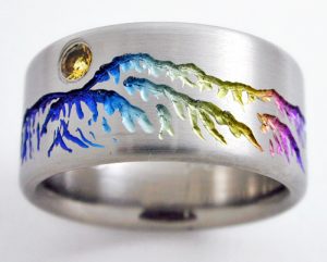 titanium jewelry monarch 2 titanium ring with mountains | titanium wedding rings,  handcrafted SCALVJL