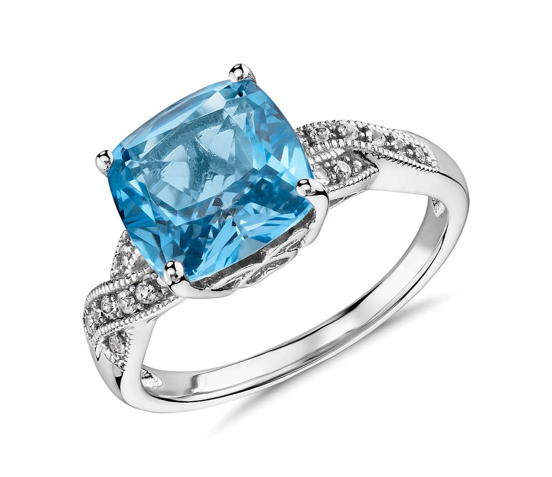 topaz jewelry swiss blue topaz and white sapphire ring in sterling silver (9x9mm) TCELGET