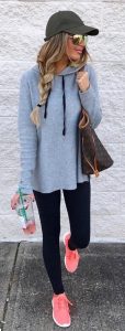 tops to wear with leggings #spring #outfits black cap + grey sweater + black leggings + coral sneakers EJESWMT